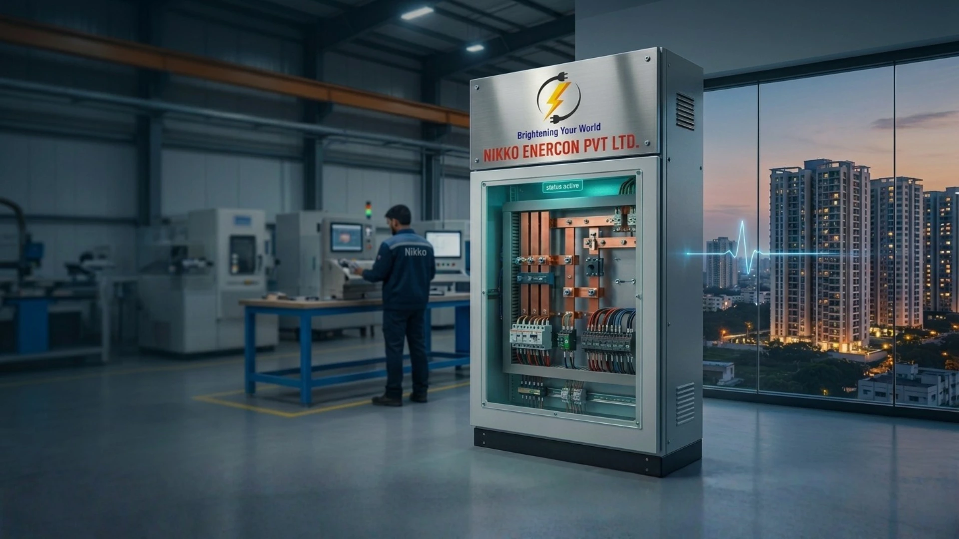 Nikko Enercon LT panel in a factory control room, with a city skyline behind